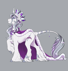 Size: 769x801 | Tagged: source needed, safe, artist:blackblood-queen, derpibooru import, princess platinum, pony, unicorn, crown, curved horn, digital art, female, gray background, horn, jewelry, leonine tail, mare, raised hoof, regalia, simple background, solo, unshorn fetlocks