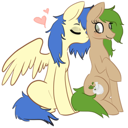 Size: 894x894 | Tagged: safe, artist:ellinoir, oc, oc only, oc:astral blitzen, oc:sage leaf, earth pony, pegasus, pony, female, heart, lesbian, mare, nuzzling, oc x oc, raised hoof, simple background, sitting, smiling, spread wings