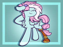 Size: 2560x1920 | Tagged: safe, artist:kimjoman, derpibooru import, kerfuffle, pegasus, pony, rainbow roadtrip, amputee, blue background, chest fluff, eyes closed, female, gradient background, high res, mare, pincushion, prosthetic leg, prosthetic limb, prosthetics, raised leg, simple background