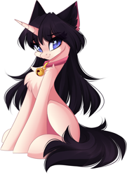 Size: 2168x2997 | Tagged: safe, artist:airiniblock, derpibooru import, oc, oc only, cat, cat pony, original species, pony, unicorn, behaving like a cat, bell, bell collar, chest fluff, collar, commission, female, high res, looking at you, mare, side view, simple background, sitting, slit eyes, smiling, smiling at you, solo, white background