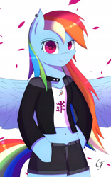 Size: 1200x1920 | Tagged: safe, artist:laptop-pone, derpibooru import, rainbow dash, anthro, pegasus, arm hooves, belly, belly button, bipedal, clothes, female, jacket, mare, shirt, shorts, wings