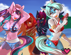 Size: 3850x2975 | Tagged: safe, artist:ladypixelheart, oc, oc only, oc:crystal nile, oc:shadow scope, oc:sonate, anthro, pegasus, unicorn, armpits, belly button, bikini, clothes, high res, squirt gun, swimsuit, watergun, watergun fight