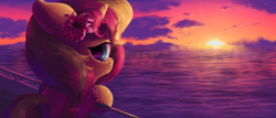 Size: 2688x1152 | Tagged: safe, artist:vultraz, derpibooru import, sunset shimmer, pony, unicorn, bracelet, color porn, cute, female, flower, flower in hair, jewelry, looking at you, shimmerbetes, solo, sunset