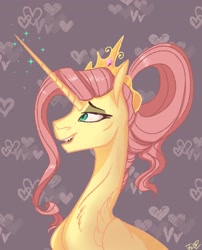 Size: 1955x2417 | Tagged: safe, artist:finchina, derpibooru import, fluttershy, alicorn, pony, the last problem, abstract background, alicornified, chest fluff, eyeshadow, female, fluttercorn, glowing horn, horn, jewelry, lidded eyes, makeup, mare, older, older fluttershy, open mouth, princess, princess fluttershy, race swap, solo, tiara
