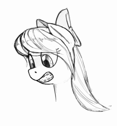 Size: 979x1056 | Tagged: safe, artist:trickydick, flitter, bow, braces, drawthread, hair bow, looking down, monochrome, solo