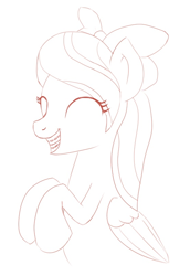 Size: 554x806 | Tagged: safe, artist:anonymous, flitter, bow, braces, drawthread, eyes closed, hair bow, monochrome, smiling, solo