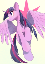 Size: 566x800 | Tagged: safe, artist:unousaya, derpibooru import, twilight sparkle, twilight sparkle (alicorn), alicorn, pony, cute, cutie mark background, female, mare, profile, solo, spread wings, twiabetes, wings