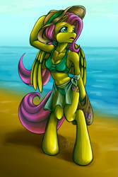 Size: 999x1500 | Tagged: safe, artist:carriepika, fluttershy, anthro, bag, beach, bikini, clothes, hat, ocean, sarong, solo, swimsuit