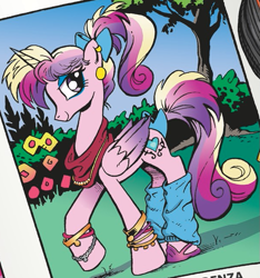 Size: 601x641 | Tagged: safe, artist:andypriceart, derpibooru import, princess cadance, alicorn, pony, spoiler:comic11, spoiler:comic12, 80's fashion, 80s, baggy clothing, bracelet, colored wings, comic panel, cute, cutedance, ear piercing, eyeshadow, female, folded wings, hair bow, hoof shoes, jewelry, leg warmers, lidded eyes, makeup, mare, multicolored hair, multicolored wings, necklace, one hoof raised, piercing, ponytail, poofy mane, pose, smiling, tail bow, teenager, yearbook photo