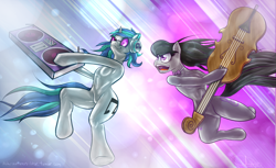 Size: 3078x1887 | Tagged: safe, artist:whisperfoot, dj pon-3, octavia melody, vinyl scratch, earth pony, pony, semi-anthro, unicorn, slice of life (episode), bad anatomy, cello, duet, musical instrument, redraw, turntable