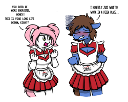 Size: 2560x2048 | Tagged: safe, artist:sugar morning, derpibooru import, oc, oc only, oc:bizarre song, oc:sugar morning, anthro, blushing, boob window, clothes, costume, couple, crossdressing, cute, embarrassed, female, maid, male, mare, meme, pizza hut, pizza hut maid dress, simple background, stallion, text, white background