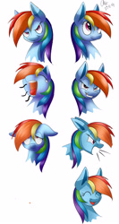 Size: 1600x3000 | Tagged: safe, artist:mysteryart716, derpibooru import, rainbow dash, pegasus, pony, angry, bust, cute, dashabetes, expressions, eyes closed, female, happy, mare, multeity, open mouth, portrait, screaming, shout, simple background, smiling, solo, white background, yawn