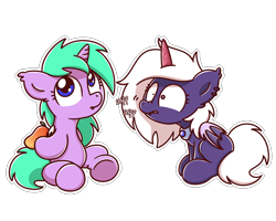 Size: 2560x2048 | Tagged: safe, artist:sugar morning, derpibooru import, oc, oc:chiarezza, oc:lavender bliss, alicorn, bat pony, bat pony alicorn, pony, bat pony oc, female, food, jewelry, mango, not an alicorn, onomatopoeia, pendant, prosthetic horn, prosthetics, simple background, sitting, sniffing, tiny pupils, transparent background, underhoof, white mane, white tail