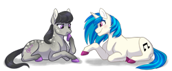 Size: 2000x832 | Tagged: safe, artist:9centschange, derpibooru import, dj pon-3, octavia melody, vinyl scratch, earth pony, pony, unicorn, coat markings, colored hooves, cute, dappled, description is relevant, female, freckles, headcanon, lesbian, lying down, mare, mute, mute vinyl, prone, scratchtavia, shipping, sign language, simple background, story included, tavibetes, transparent background, unshorn fetlocks, vinylbetes