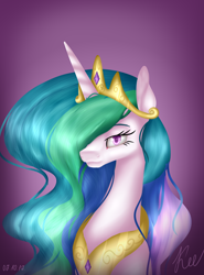 Size: 2106x2846 | Tagged: safe, artist:kayotanv87, derpibooru import, princess celestia, alicorn, pony, bust, female, gradient background, hair over one eye, jewelry, lidded eyes, looking at you, mare, regalia, solo