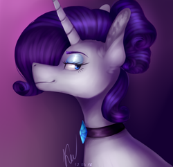 Size: 2493x2406 | Tagged: safe, artist:kayotanv87, derpibooru import, rarity, pony, unicorn, bust, choker, ear fluff, female, gradient background, lidded eyes, looking back, mare, profile, smiling, smirk, solo