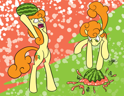 Size: 1320x1020 | Tagged: safe, artist:kiramoses, carrot top, golden harvest, pony, bipedal, smashing, solo, watermelon