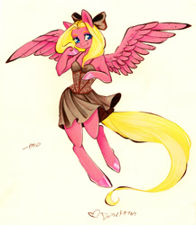 Size: 3140x3620 | Tagged: safe, artist:divinekitten, derpibooru import, oc, oc only, anthro, pegasus, unguligrade anthro, anthro oc, arm hooves, bow, clothes, dress, female, hair bow, mare, solo, traditional art