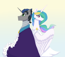 Size: 1600x1400 | Tagged: safe, artist:silcybell, king sombra, princess celestia, alicorn, pony, unicorn, back to back, celestibra, clothes, female, good king sombra, laurel wreath, male, profile, shipping, straight