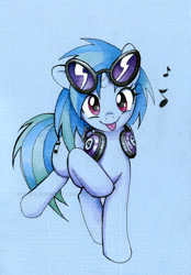 Size: 555x797 | Tagged: safe, artist:miszasta, dj pon-3, vinyl scratch, pony, unicorn, :p, cute, female, headphones, looking at you, mare, solo, sunglasses, tongue out, traditional art, vinylbetes