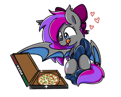 Size: 2560x2048 | Tagged: source needed, useless source url, safe, artist:sugar morning, derpibooru import, oc, oc only, oc:comet strike, bat pony, pony, bat pony oc, bow, cardboard box, clothes, commission, cutie mark, female, food, fruit, heart, herbivore, hungry, kiwi, kiwi fruit, pineapple pizza, pizza, simple background, sitting, socks, solo, striped socks, text, tongue out, transparent background