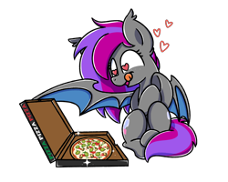 Size: 2560x2048 | Tagged: source needed, useless source url, safe, alternate version, artist:sugar morning, derpibooru import, oc, oc only, oc:comet strike, bat pony, pony, bat pony oc, bow, cardboard box, clothes, commission, cutie mark, female, food, fruit, heart, heart eyes, herbivore, hungry, kiwi, kiwi fruit, pineapple pizza, pizza, simple background, sitting, socks, solo, text, tongue out, transparent background, wingding eyes