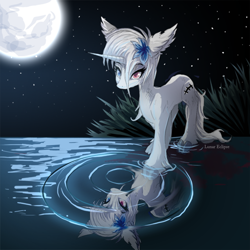 Size: 600x600 | Tagged: safe, artist:a-lunar-eclipse, derpibooru import, oc, oc only, oc:lunar eclipse, unicorn, eclipse, heterochromia, lunar, moon, reflection, solo, water, white