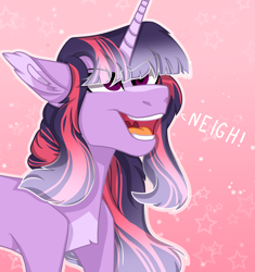 Size: 1876x2000 | Tagged: safe, artist:koloredkat, derpibooru import, twilight sparkle, unicorn twilight, pony, unicorn, abstract background, eye clipping through hair, female, horse noises, majestic as fuck, mare, neigh, open mouth, solo