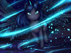 Size: 1600x1200 | Tagged: safe, artist:iimd, derpibooru import, oc, oc only, oc:nyx, alicorn, pony, blue fire, epic, fire, inferno, majestic, spread wings, wings