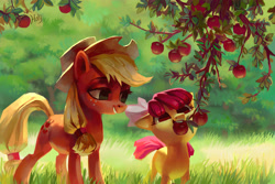 Size: 4133x2755 | Tagged: safe, artist:holivi, apple bloom, applejack, earth pony, pony, absurd resolution, apple, bow, cute, duo, female, filly, food, freckles, grass, hair bow, hat, mare, scenery, sisters, smiling, tree