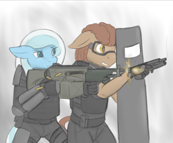 Size: 1280x1060 | Tagged: safe, artist:daf, oc, oc only, oc:flat spin, oc:wintermute, anthro, body armor, gun, m249, machine gun, pistol, rainbow six, riot shield