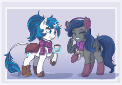 Size: 4000x2800 | Tagged: safe, artist:katakiuchi4u, derpibooru import, oc, oc only, pegasus, pony, unicorn, blanket, boots, chocolate, clothes, commission, earmuffs, eyes closed, female, food, hoof hold, hot chocolate, laughing, laughingmares.jpg, levitation, magic, mare, mug, scarf, shoes, smiling, telekinesis