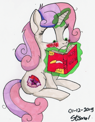 Size: 1631x2094 | Tagged: safe, artist:stjonal, derpibooru import, sweetie belle, pony, unicorn, blushing, book, estrus, heat, hoof hold, magic, marker drawing, misspelling, sitting, traditional art