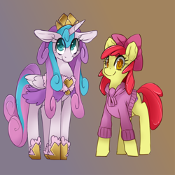 Size: 1000x1000 | Tagged: safe, artist:starlightspark, derpibooru import, apple bloom, princess flurry heart, alicorn, earth pony, pony, clothes, colored pupils, crown, dress, female, gradient background, jewelry, mare, older, older flurry heart, regalia, smiling, sweater