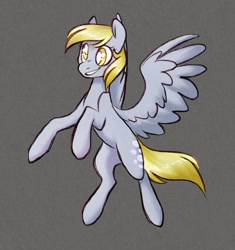 Size: 1280x1359 | Tagged: safe, artist:mickearts, derpibooru import, derpy hooves, pegasus, pony, catchlights, female, flying, gray background, mare, simple background, smiling, wings