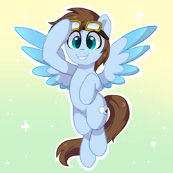 Size: 1800x1800 | Tagged: safe, artist:colorfulcolor233, derpibooru import, oc, oc only, oc:cloud hop, pegasus, pony, abstract background, colored wings, colored wingtips, flying, goggles, looking at you, multicolored wings, simple background, smiling, solo, spread wings, wings