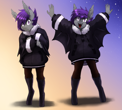 Size: 1443x1300 | Tagged: safe, artist:replica, derpibooru import, oc, oc only, oc:nolegs, anthro, bat pony, unguligrade anthro, adorkable, anthro oc, bat pony oc, boots, clothes, coat, cute, dork, ear fluff, fangs, female, mare, shoes, wings