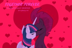 Size: 3000x2000 | Tagged: safe, artist:ejlightning007arts, derpibooru import, tempest shadow, twilight sparkle, twilight sparkle (alicorn), alicorn, unicorn, eyes closed, female, heart, hearts and hooves day, holiday, kissing, lesbian, shipping, tempestlight, together forever, valentine's day