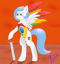 Size: 2800x3000 | Tagged: safe, artist:hideki, oc, oc only, oc:google chrome, semi-anthro, browser ponies, colored wings, colored wingtips, google, google chrome, multicolored wings, shield, sunset, sword