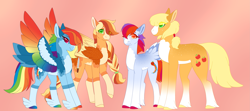 Size: 5491x2432 | Tagged: safe, alternate version, artist:clay-bae, derpibooru import, applejack, rainbow dash, oc, oc:valkyrie, oc:zap apple, earth pony, pegasus, pony, alternate design, appledash, colored wings, feathered fetlocks, female, lesbian, magical lesbian spawn, mare, multicolored wings, offspring, parent:applejack, parent:rainbow dash, parents:appledash, rainbow wings, shipping, tail feathers, wings