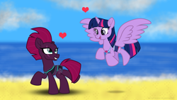 Size: 3840x2160 | Tagged: safe, artist:ejlightning007arts, derpibooru import, tempest shadow, twilight sparkle, twilight sparkle (alicorn), alicorn, unicorn, beach, bikini, broken horn, clothes, cloud, eye scar, female, flying, heart, horn, lesbian, open mouth, romantic, running, scar, shipping, smiling, swimsuit, tempestlight