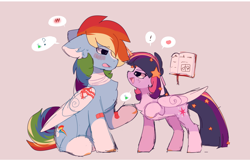 Size: 2100x1350 | Tagged: safe, artist:little-sketches, derpibooru import, rainbow blitz, rainbow dash, twilight sparkle, twilight sparkle (alicorn), alicorn, pegasus, pony, alternate design, bandaid, book, chest fluff, female, half r63 shipping, male, rule 63, shipping, size difference, starry eyes, straight, twiblitz, twidash, wingding eyes