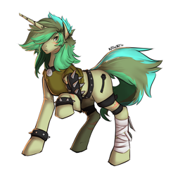 Size: 2592x2664 | Tagged: safe, artist:rifthebit, derpibooru import, oc, oc:piper, unicorn, fallout equestria, bandaged leg, clothes, collar, female, raider, raider armor, scarred, simple background, solo, spiked wristband, white background, wristband