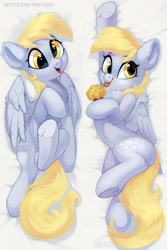 Size: 2731x4096 | Tagged: safe, artist:taneysha, derpibooru import, derpy hooves, pegasus, pony, body pillow, body pillow design, cheek fluff, chest fluff, cute, derpabetes, ear fluff, female, food, high res, hnnng, mare, muffin, on back, open mouth, solo