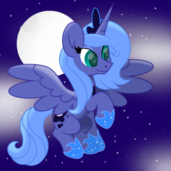 Size: 1800x1800 | Tagged: safe, artist:ponkus, derpibooru import, princess luna, alicorn, pony, female, flying, mare, moon, night, s1 luna, sky, smiling, solo