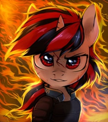 Size: 1920x2160 | Tagged: safe, artist:tatykin, derpibooru import, oc, oc only, oc:blackjack, pony, unicorn, fallout equestria, fallout equestria: project horizons, blood, fanfic art, female, fire, horn, looking at you, mare, scratches, shooty look, small horn, solo, two toned mane, vault security armor