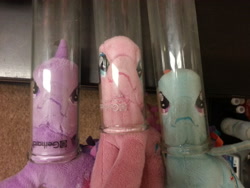 Size: 2048x1536 | Tagged: safe, pinkie pie, rainbow dash, twilight sparkle, amending fences, female, flaskhead hearts, funrise, irl, laboratory, photo, plushie, test tube