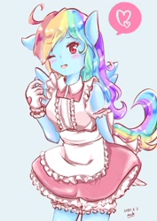 Size: 1446x2048 | Tagged: safe, artist:moh_mlp2, derpibooru import, rainbow dash, anthro, pegasus, blushing, clothes, cute, dashabetes, female, gloves, heart, maid, one eye closed, rainbow dash always dresses in style, solo, wink