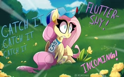Size: 2048x1269 | Tagged: safe, artist:nekosnicker, derpibooru import, part of a set, fluttershy, pegasus, pony, baseball, baseball cap, baseball jersey, cap, clothes, dialogue, female, flower, flower in mouth, grass, grazing, hat, horses doing horse things, jersey, mare, mouth hold, scenery, solo, sports, this will end in pain, throwing things at fluttershy