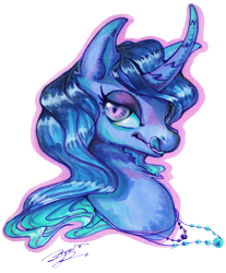 Size: 5631x6800 | Tagged: safe, artist:angusdra, derpibooru import, oc, oc only, pony, unicorn, absurd resolution, bust, curved horn, horn, jewelry, licking, licking lips, necklace, simple background, slit eyes, solo, tongue out, traditional art, transparent background